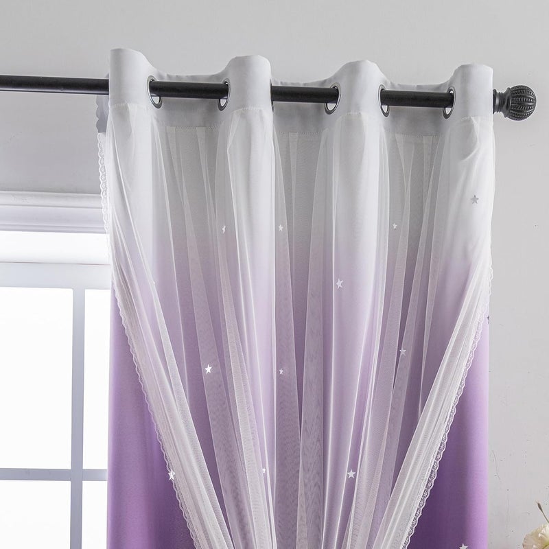 indistar Colourful Stripe Star Cut-Out Blackout Curtains for Bedroom,2 Layers Mix Design of Fabric & Tulle,Pretty Window Curtain for Kids Room 1 Panel (W52 x L95 Dark Purple) - Image 4